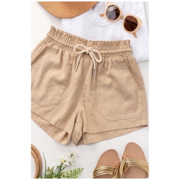 Linen Drawstring Pocket Shorts Taupe 2120 - Picture 6 of 9
